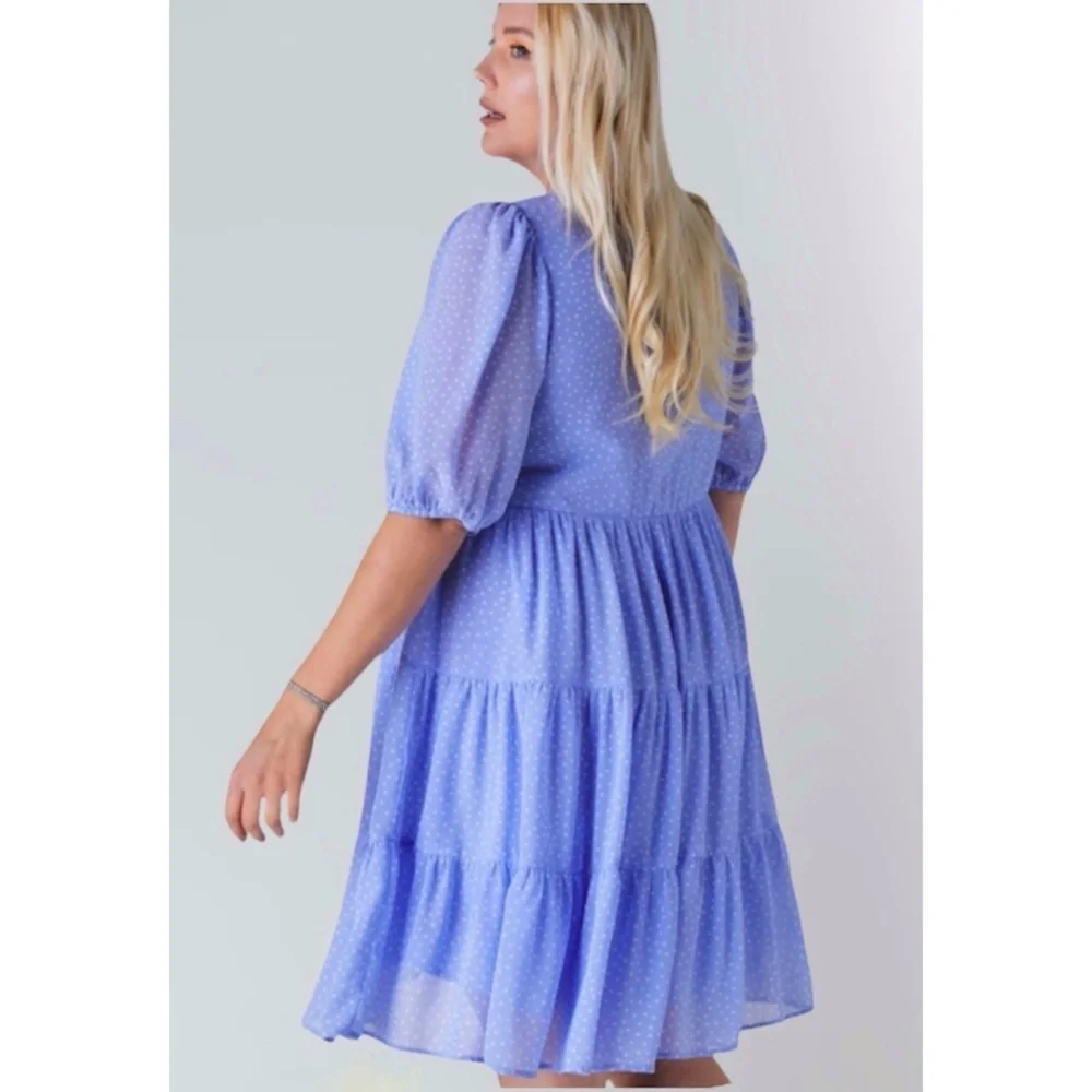 Davi & Dani Blue Polka Dot V Neck Short Sleeve Tiered Midi Dress - Picture 4 of 9